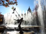 View of artwork and fountains in the Village at Meridian