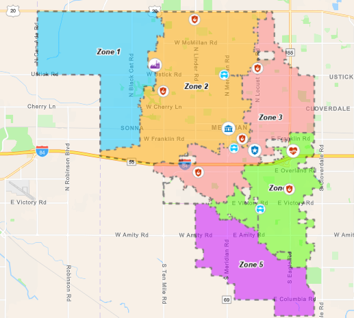 Map showing the five water quality zones in the City of Meridian, differentiated by color