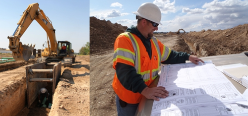 Two photos of a project site next to each other. Photo on the left is a digger digging a tunnel and, on the left, is an Inspector looking at plans